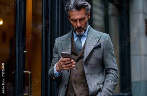 a businessman using his phone while standing outside