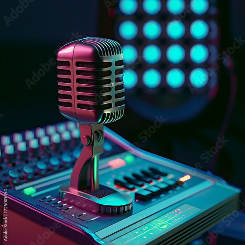 Futuristic Podcast Studio with Retro Microphone and Sound Mixer photo