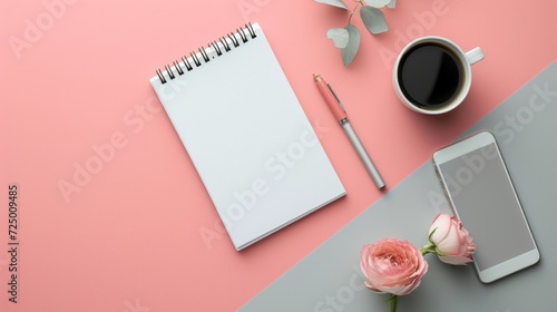 A flat top view of a desktop on which lies a notepad, a pen, a cup of coffee and a phone