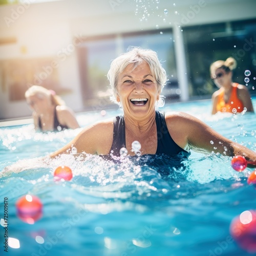 Active mature women enjoying aqua gym class in a pool, healthy retired lifestyle with seniors doing aqua fit sport © Marietimo