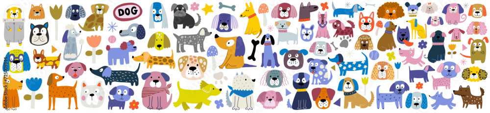 Obraz premium Funny dog, colorful flat illustration. Cute doggy collection, diverse domestic dogs.