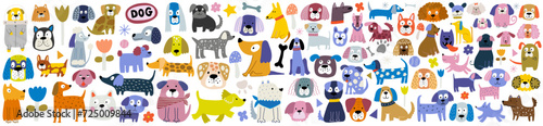 Funny dog, colorful flat illustration. Cute doggy collection, diverse domestic dogs.