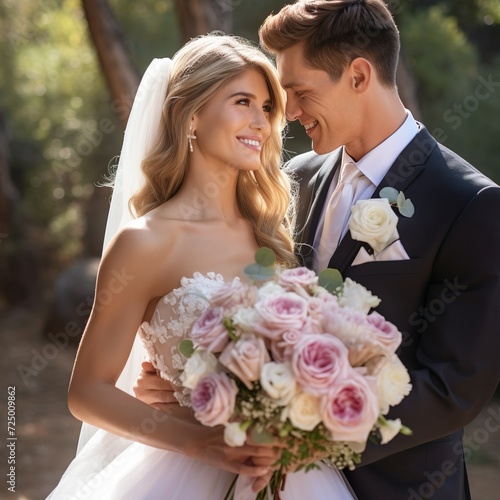 Bride and groom wedding couple with a bouquet of light rose and white color flowers