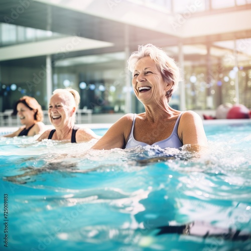 Active mature women enjoying aqua gym class in a pool  healthy retired lifestyle with seniors doing aqua fit sport