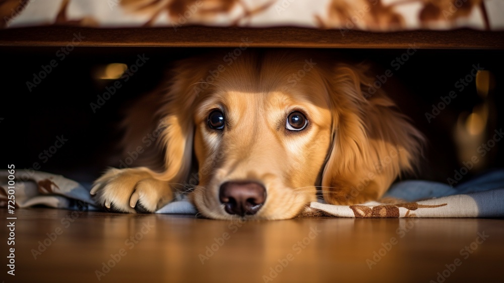 Golden retriever pet dog hiding under bed picture, ultra HD realistic image