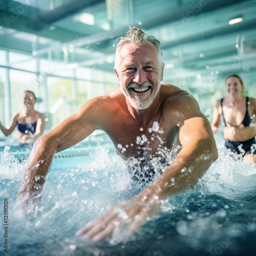 Active mature men enjoying aqua gym class in a pool, healthy retired lifestyle with seniors doing aqua fit sport © Marietimo