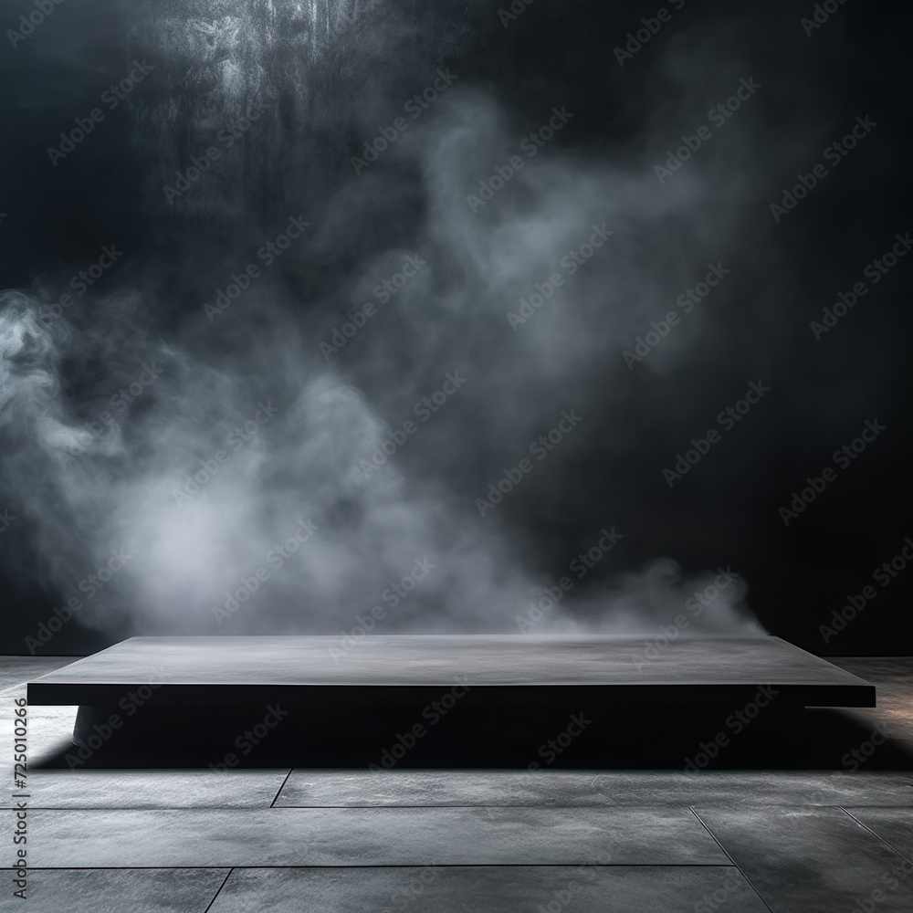 Podium black dark smoke background product platform abstract stage texture fog spotlight. Dark black floor podium dramatic empty night room table concrete wall scene place display studio smoky dust Podium black dark smoke background product platform abstract stage texture fog spotlight. Dark black floor podium dramatic empty night room table concrete wall scene place display studio smoky dust