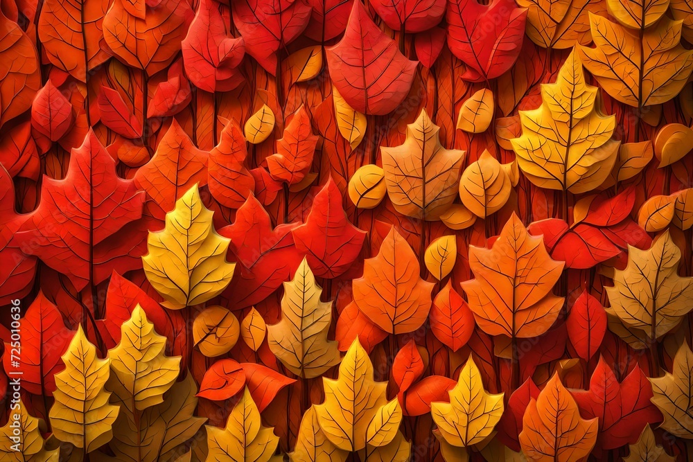 A 3D background of a vibrant autumn forest, with detailed leaf textures in shades of red, orange, and yellow