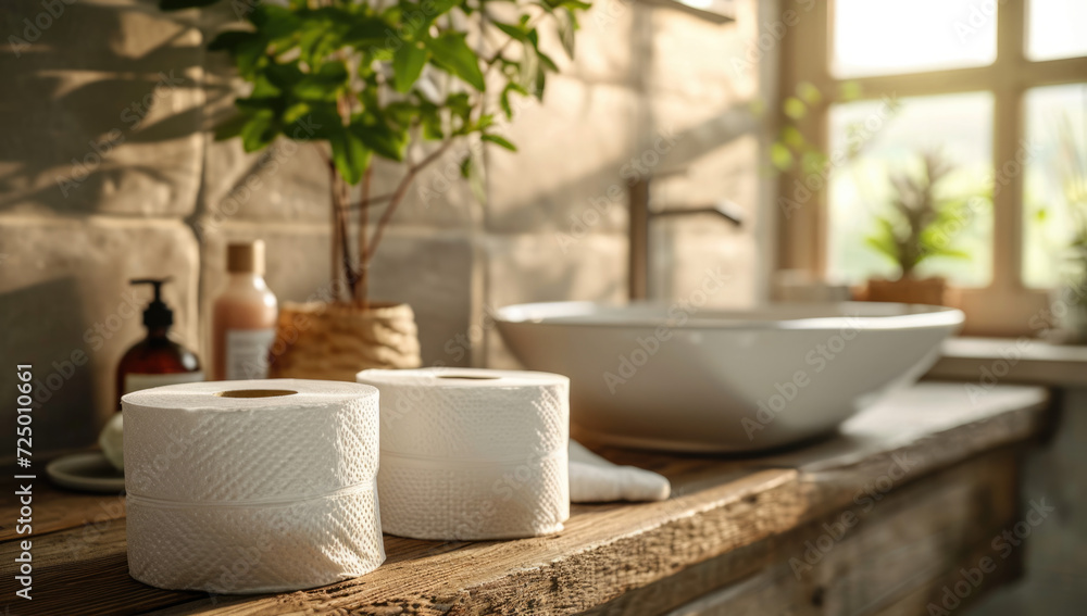 rolls of toilet paper sitting on table next to sink, in the style of modern urban rolls of toilet paper sitting on table next to sink, in the style of modern urban