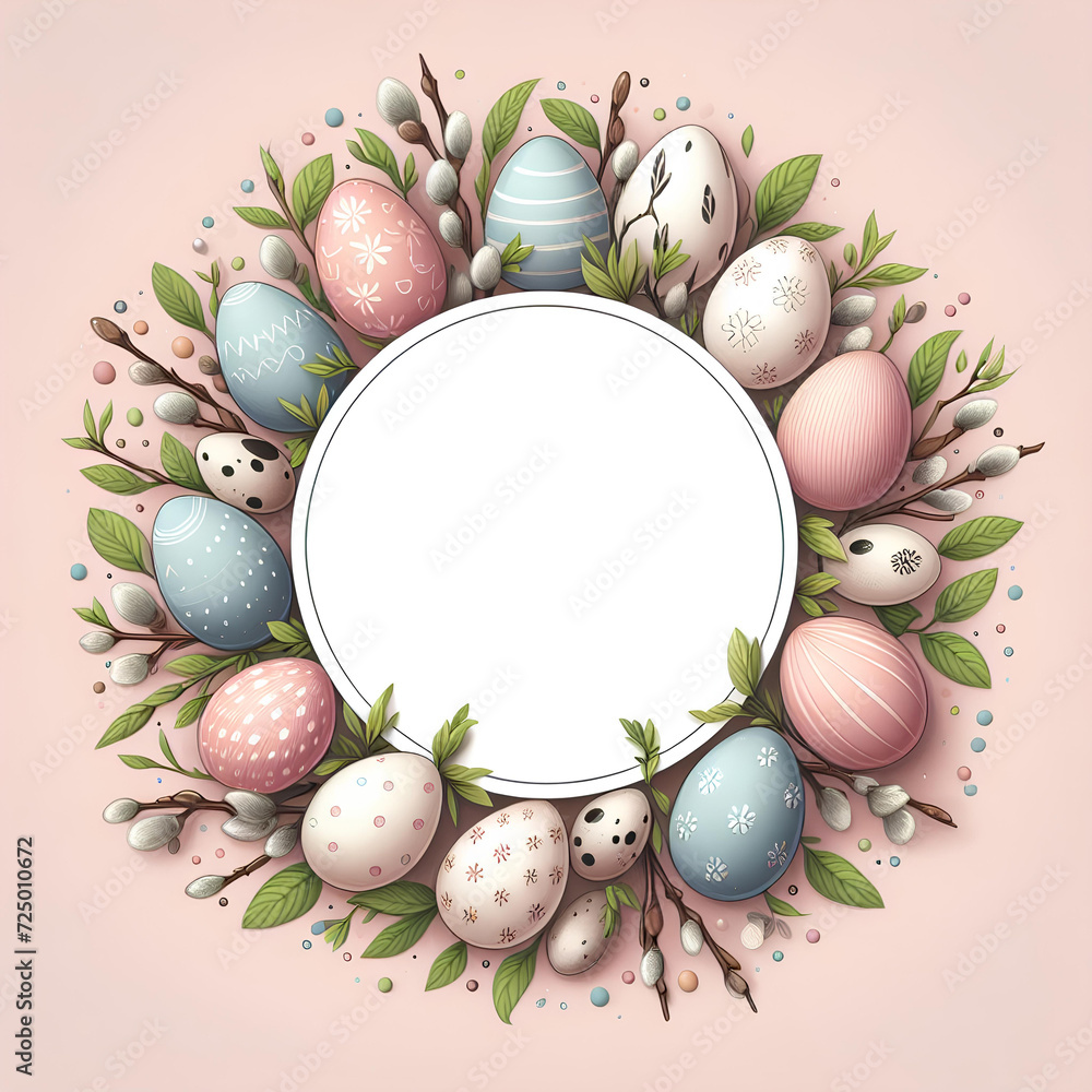 round frame with drawn Easter eggs and green branch around and empty white center isolated on pastel pink background round frame with drawn Easter eggs and green branch around and empty white center isolated on pastel pink background