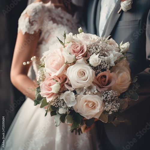 Bride and groom wedding couple with a bouquet of light rose and white color flowers
