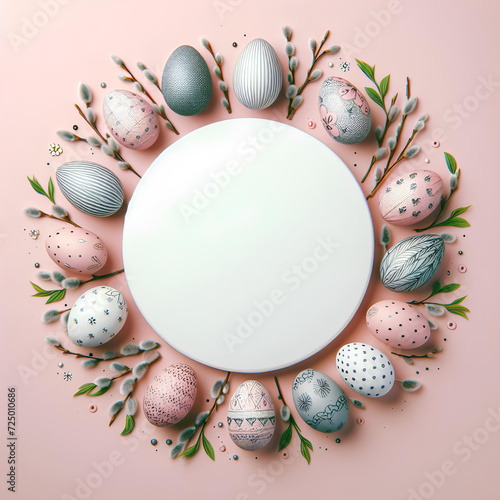 round frame with drawn Easter eggs and green branch around and empty white center isolated on pastel pink background
