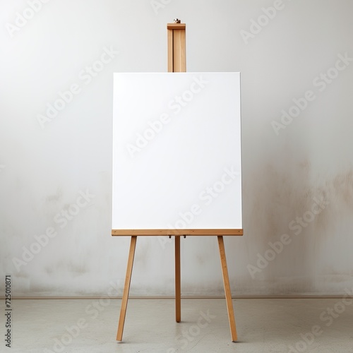 wooden easel with blank canvas against white wall