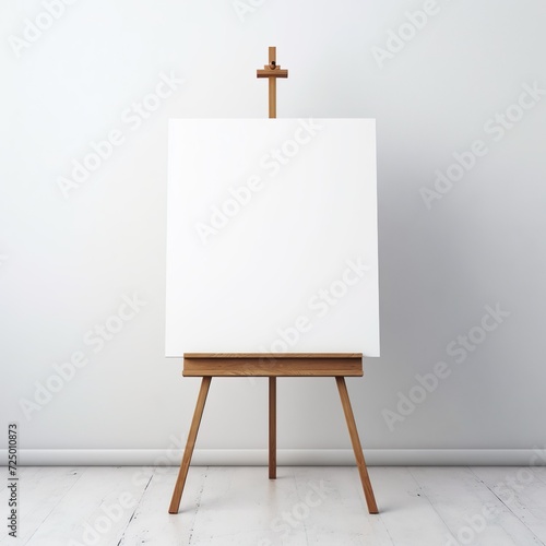 wooden easel with blank canvas against white wall