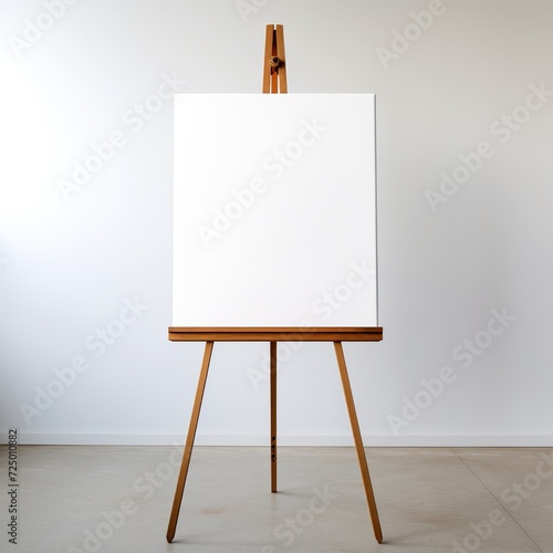 wooden easel with blank canvas against white wall
