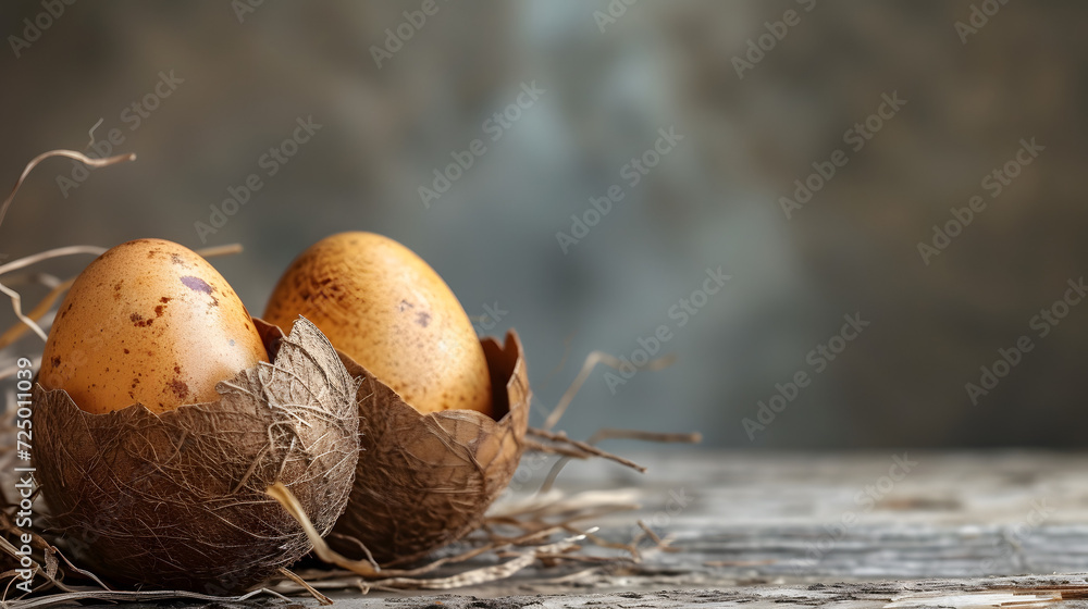 Three Brown Eggs in a Nest on a Wooden Table Three Brown Eggs in a Nest on a Wooden Table