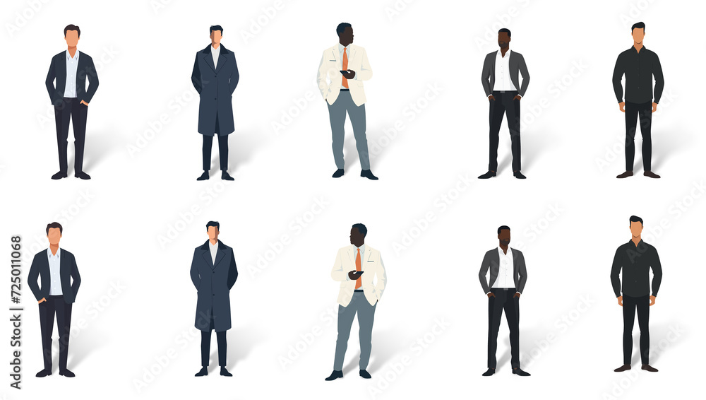 Set of minimal flat drawing illustrations of different men in casual clothes, transparent background with shadow, facing both ways. Generative AI Set of minimal flat drawing illustrations of different men in casual clothes, transparent background with shadow, facing both ways. Generative AI