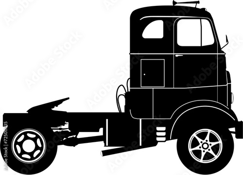 Silhouette of a vintage tractor unit. Vector.