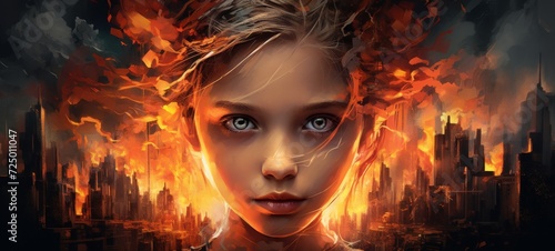 A fiery-haired girl stares fiercely into the viewer's soul, her human face a mesmerizing blend of cg artwork and stunning portrait art
