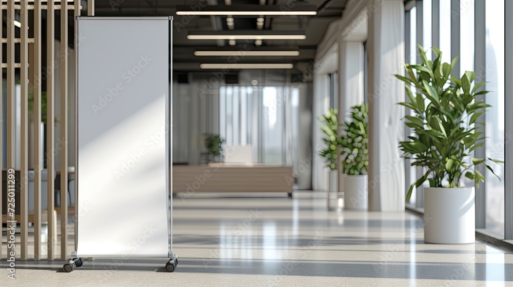 brand with a mockup of a roll-up standee banner in an office hall.