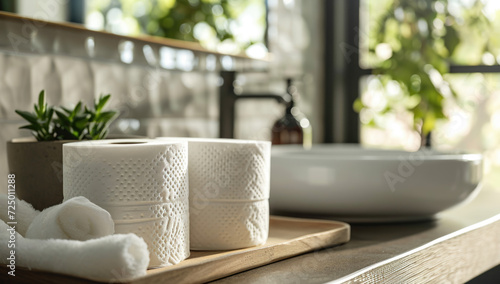rolls of toilet paper sitting on table next to sink, in the style of modern urban