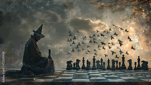 Man Sitting on Chess Board Surrounded by Birds