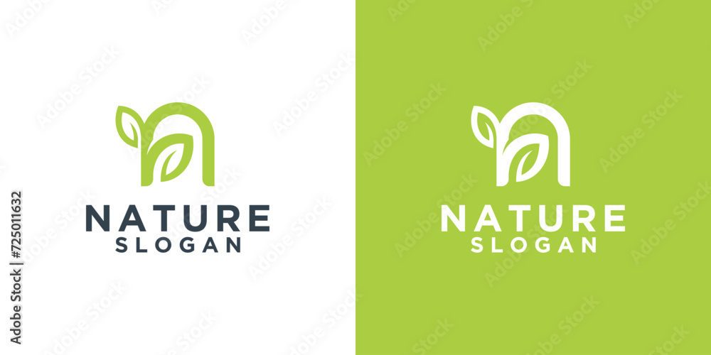 Nature logo template, initial letter N with a combination of the letter N and green leaves. organic plant logo - obrazy, fototapety, plakaty 