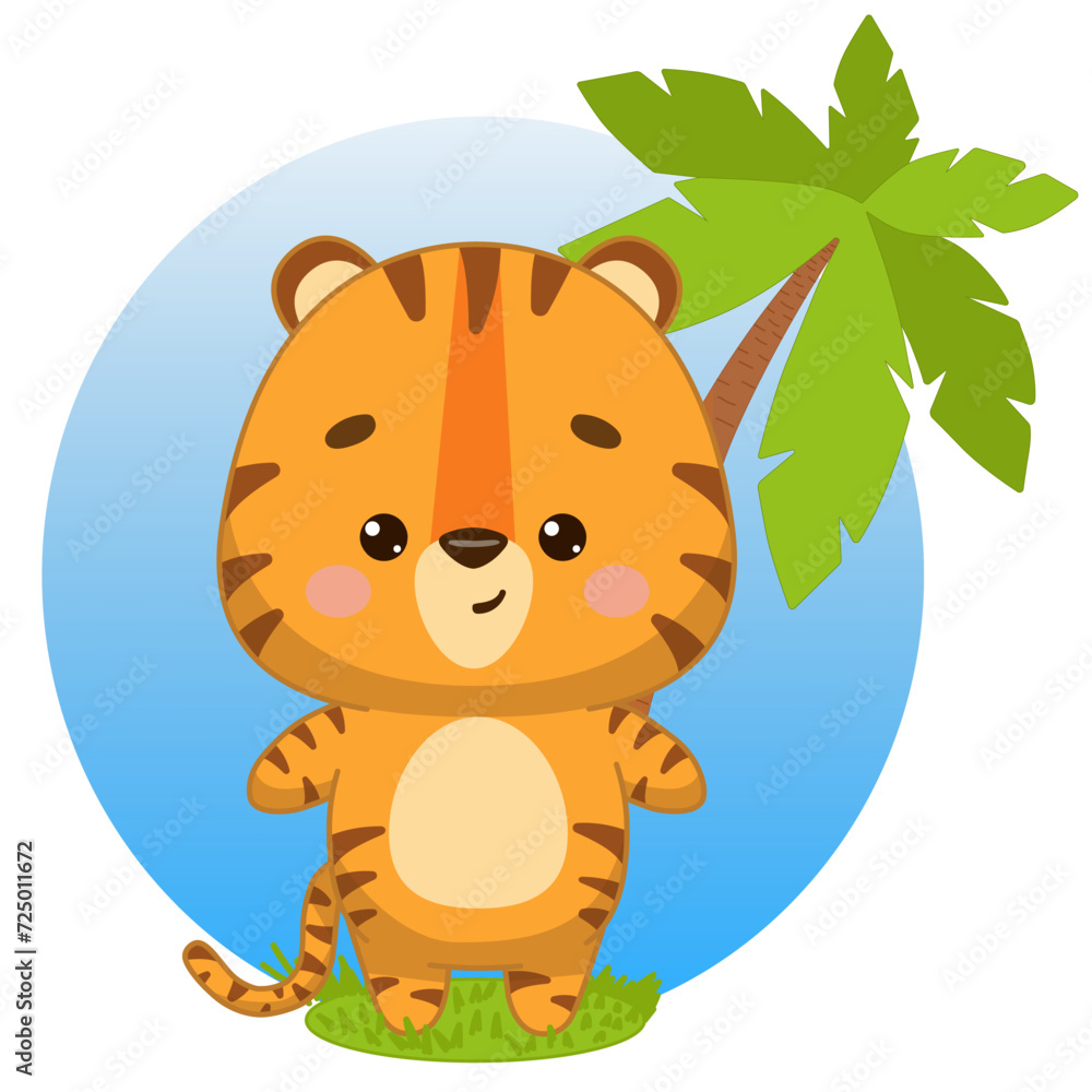 A cute tiger cub stands near a palm tree. A tiger cub stands under a palm tree. Tiger cub in kawaii style A cute tiger cub stands near a palm tree. A tiger cub stands under a palm tree. Tiger cub in kawaii style