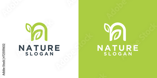 Nature logo template, initial letter N with a combination of the letter N and green leaves. organic plant logo
