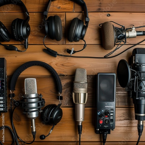 Assorted Podcast Recording Equipment on Wooden Background for Professional Audio Production photo