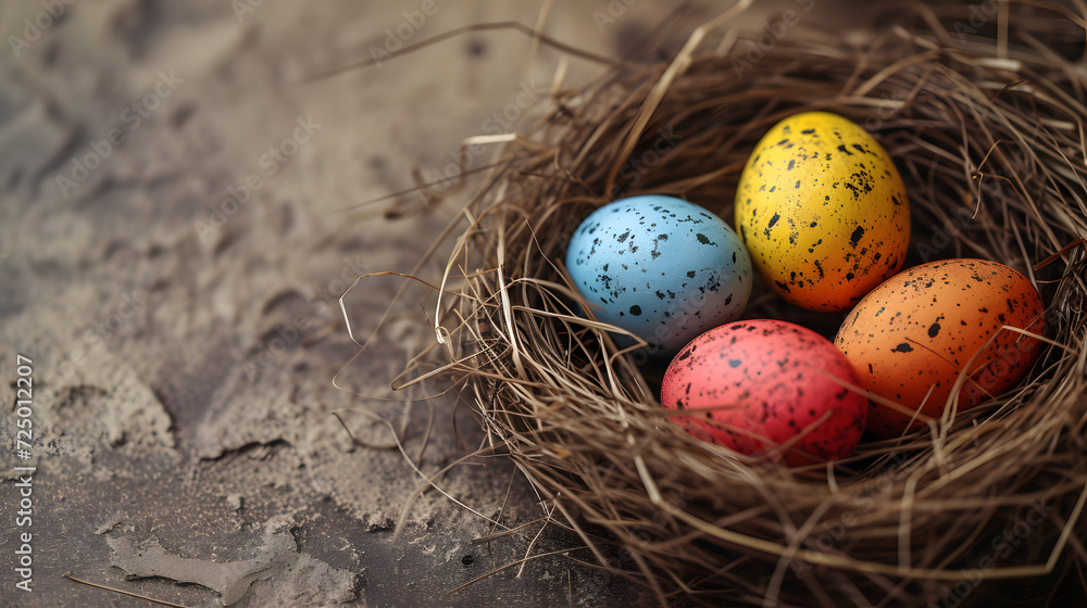 Bird Nest Filled With Four Colored Eggs Bird Nest Filled With Four Colored Eggs