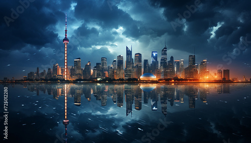Modern city skyline reflects in the glowing water generated by AI