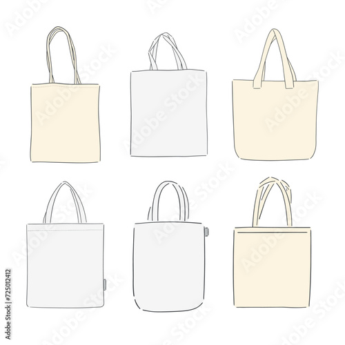 Shoppers set. Cloth Tote bag with handle, white cotton reusable shopping and grocery. Reusable, organic textile. Canvas made of fabric and eco linen. Isolated vector template.