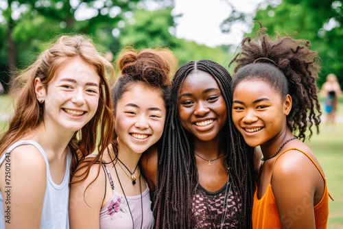 Multi-ethnic group of friends, young girls outdoors portrait. Concept of international women's day.