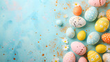 Group of Painted Eggs on Blue Background