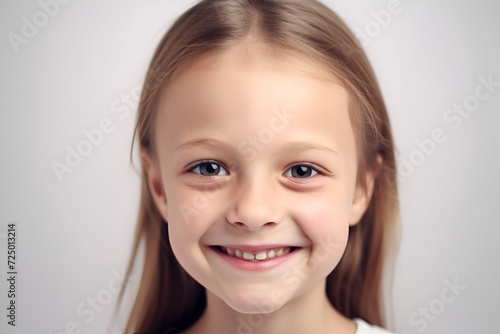Little girl of five years old looking straight into the eyes on white background