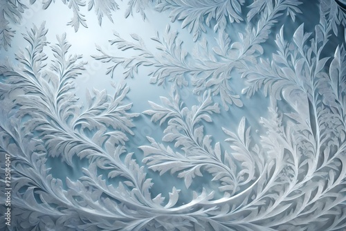 A 3D image of a frosted glass window  with intricate ice patterns and a wintry feel