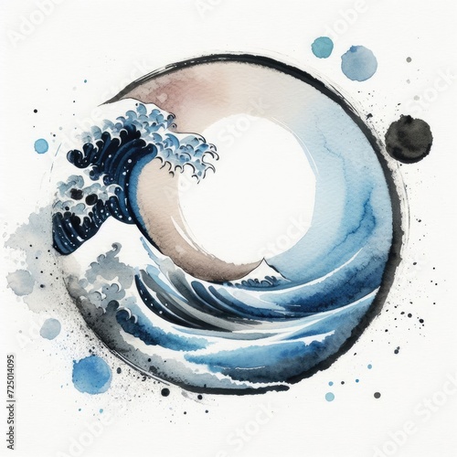 Abstract wave splash, inside Japanese Enso zen circle illustration.