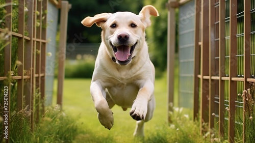 Labrador retriever dog running outside home gate picture, golden retriever fence wallpaper photo