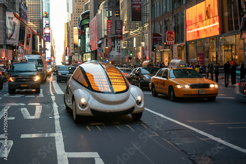 Solar-Powered Vehicle: Transportation powered entirely or partially by solar energy, travel on a big city busy street. © Degimages