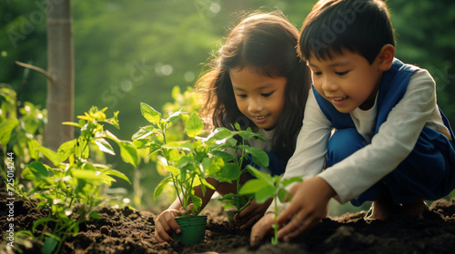Two kids help plant tree on the soil in garden