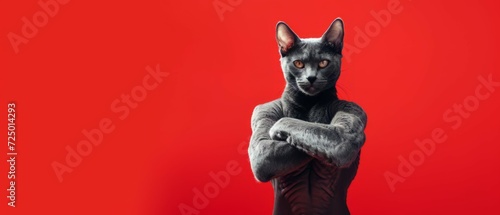Portrait of Strong black cat body builder super muscles. bodybuilder cat with arms crossed. image of a pet cats head on a human bodybuilders body on red background with copy space. Generative aiv photo