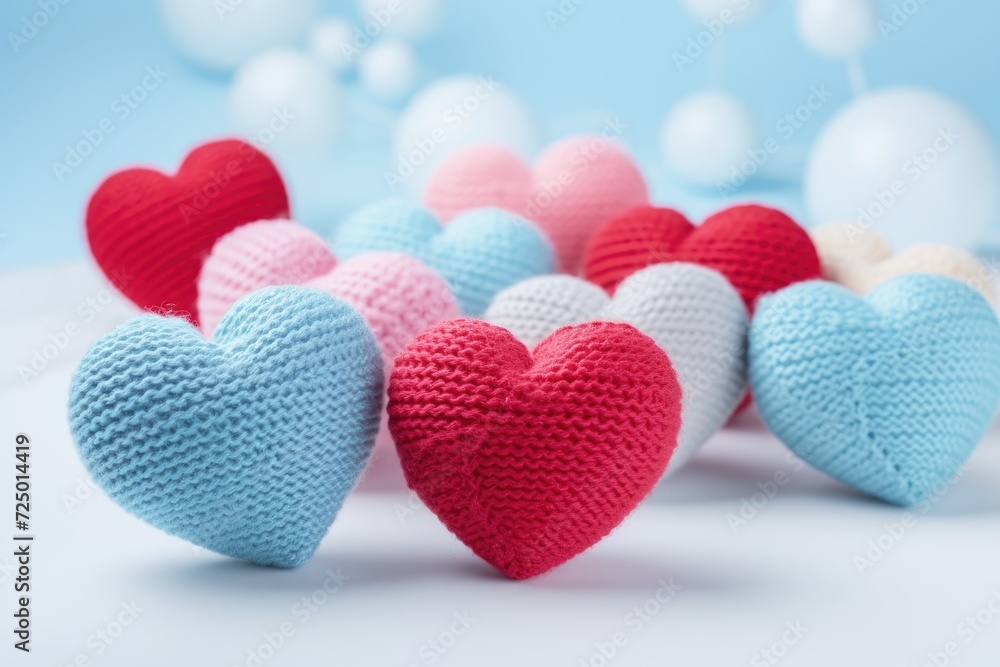 many crocheted hearts. Isolated on a blue background.