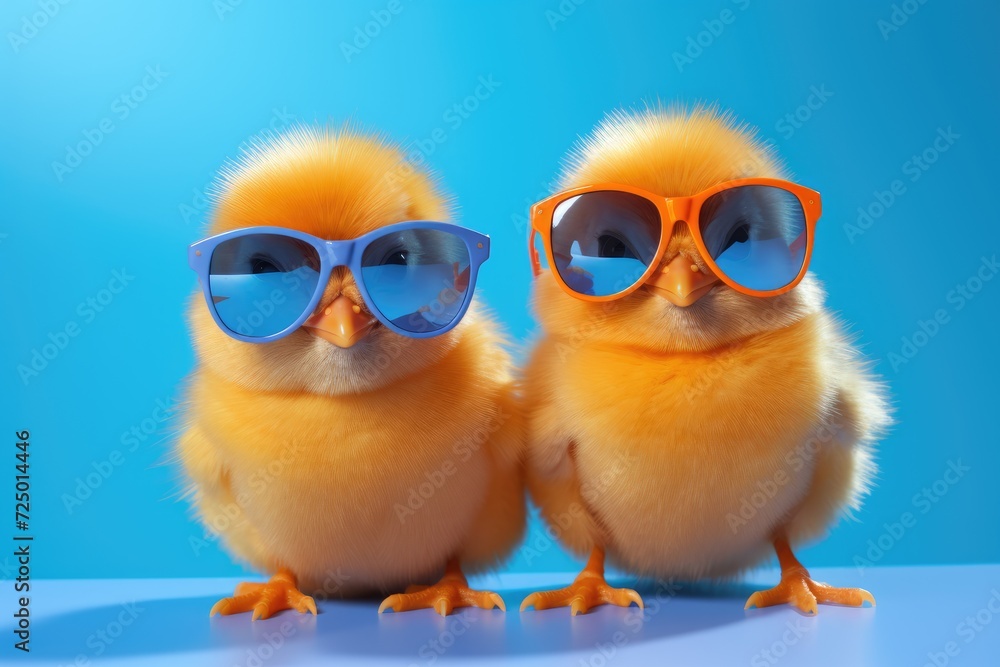 chicken in sunglasses on the background. Happy Easter. group of cheerful cute chickens wearing sunglasses
