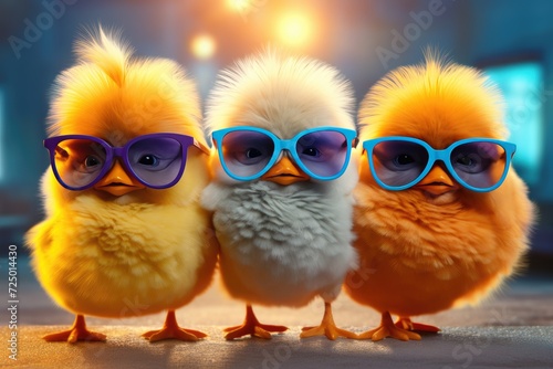 chicken in sunglasses on the background. Happy Easter. group of cheerful cute chickens wearing sunglasses
