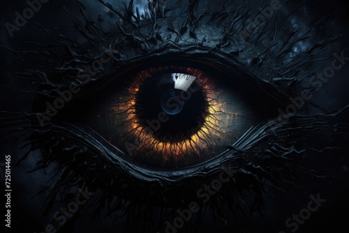 A demonic dark eye in the web looks at you. halloween. scary eye on black background. generative AI © inna717