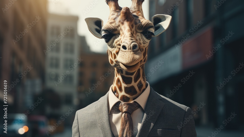 A man with a giraffe's head. Giraffe in a business suit. - obrazy, fototapety, plakaty 