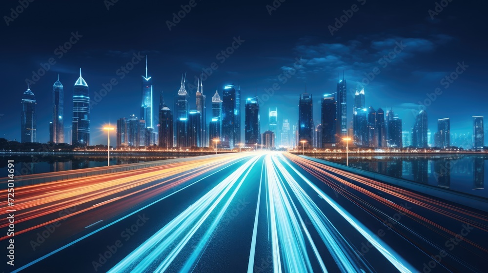 Light traces on the highway, winding road, twilight, motion effect. night road in the city with neon stripes