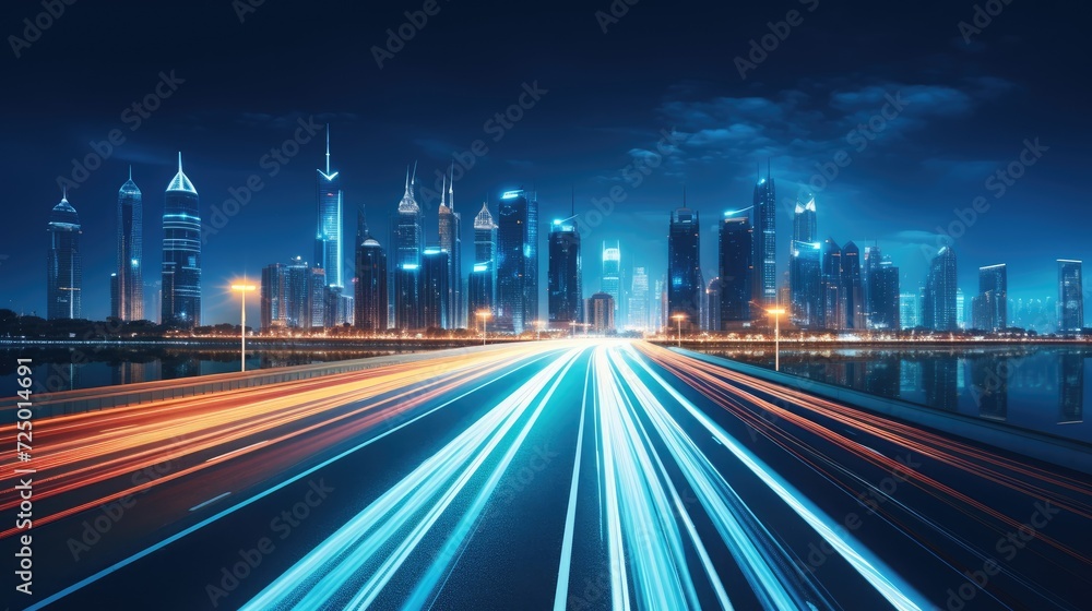 Light traces on the highway, winding road, twilight, motion effect. night road in the city with neon stripes Light traces on the highway, winding road, twilight, motion effect. night road in the city with neon stripes