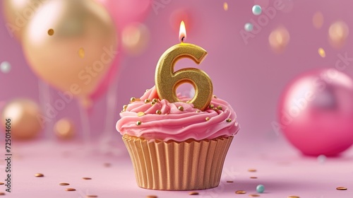golden candle number 6 in a cupcake on a pastel pink background.